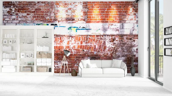 Modern interiör i vogue med vit soffa och copyspace i horisontella arrangemang. 3D-rendering. — Stockfoto