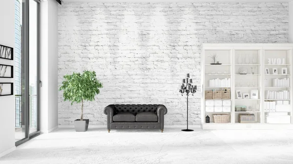 Modern iç moda siyah deri kanepe ve yatay düzenleme boşaltmak. 3D render.