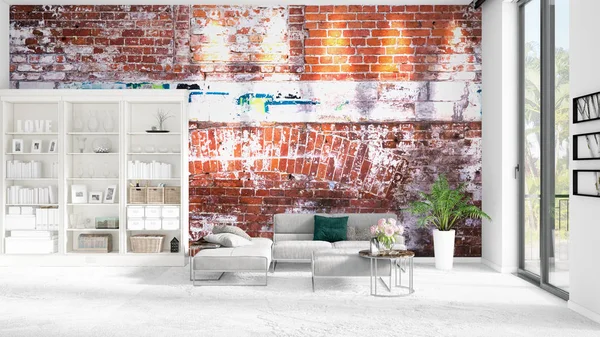 Scéna s zbrusu nový interiér v módě s bílými rack a moderní šedá pohovka. 3D vykreslování. Horizontální uspořádání. — Stock fotografie