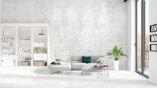 现场与全新的内饰时尚的白色架子和现代灰色的沙发。3d 渲染。水平排列. — 图库照片