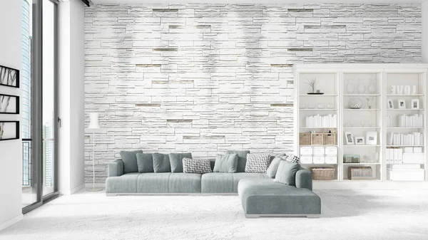 现场与全新的内饰时尚的白色架子和现代灰色的沙发。3d 渲染。水平排列. — 图库照片