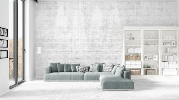 Scena z zupełnie nowe wnętrze w modzie z biały stojak i Nowoczesna sofa szary. renderowania 3D. Poziomy układ. — Zdjęcie stockowe