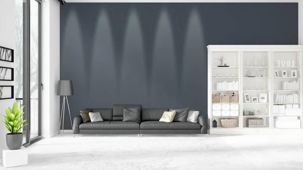 Interior moderno em voga com sofá de couro preto e copyspace em arranjo horizontal. Renderização 3D . — Fotografia de Stock