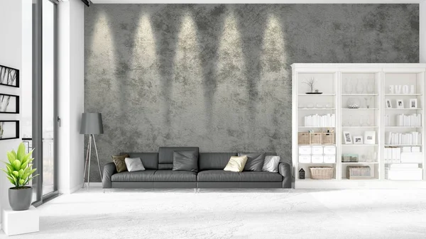 Interior moderno em voga com sofá de couro preto e copyspace em arranjo horizontal. Renderização 3D . — Fotografia de Stock