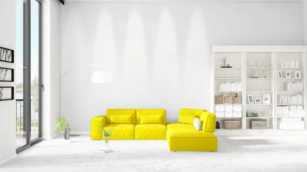 Scene with brand new interior in vogue with white rack and yellow couch. 3D rendering. Horizontal arrangement. — Stock Photo, Image