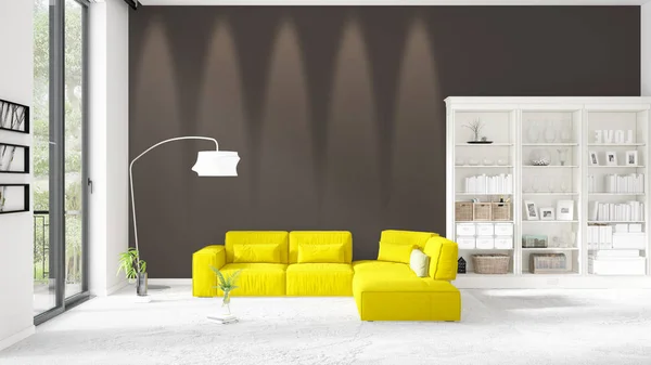 Escena con nuevo interior en boga con cremallera blanca y sofá amarillo. Representación 3D. Disposición horizontal . — Foto de Stock