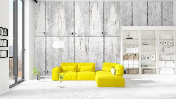 Сцена з абсолютно новим інтер'єром в моді з білою стійкою і жовтим диваном. 3D візуалізація. Горизонтальне розташування . — стокове фото