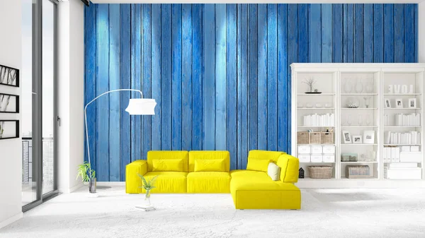 Scene with brand new interior in vogue with white rack and yellow couch. 3D rendering. Horizontal arrangement. — Stock Photo, Image