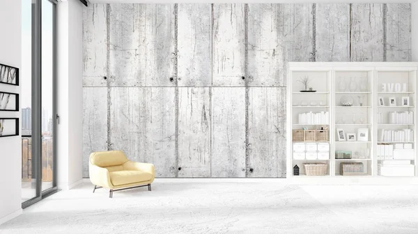 Tafereel met gloednieuwe interieur in zwang met wit rek en moderne gele stoel. 3D-rendering. Horizontale regeling. — Stockfoto