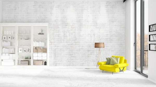 Adegan dengan interior baru dalam mode dengan rak putih dan kursi kuning modern. Perilisan 3D. Pengaturan horisontal . — Stok Foto