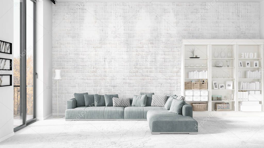 Scene with brand new interior in vogue with white rack and modern grey sofa. 3D rendering. Horizontal arrangement.