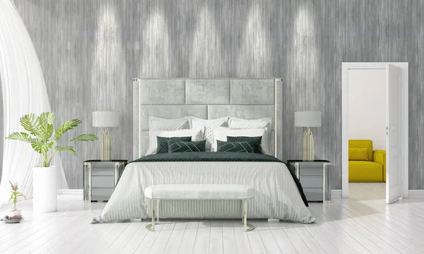 Diseño interior moderno de dormitorio en boga con planta y copyspace en disposición horizontal. Renderizado 3D . — Foto de Stock
