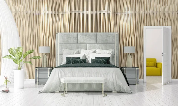 Design de interiores moderno de quarto em voga com planta e copyspace em arranjo horizontal. Renderização 3D . — Fotografia de Stock
