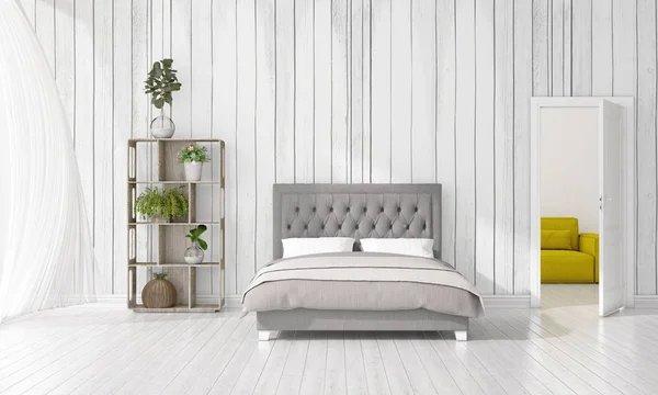 Modern interior design of bedroom in vogue with plant and copyspace in horizontal arrangement. 3D rendering. — Stock Photo, Image