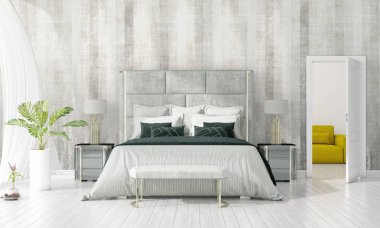 Modern iç mekan tasarımları üretim tesisi ile moda yatak odası ve yatay düzenleme boşaltmak. 3D render.