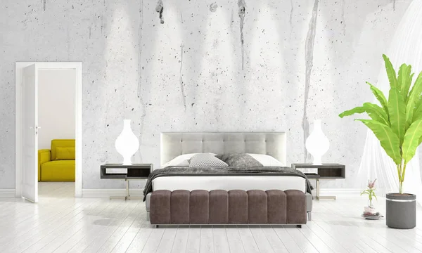 Modernes Interieur des Schlafzimmers im Trend mit Pflanzen und Kopierraum in horizontaler Anordnung. 3D-Darstellung. — Stockfoto
