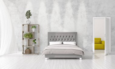 Modern iç mekan tasarımları üretim tesisi ile moda yatak odası ve yatay düzenleme boşaltmak. 3D render.