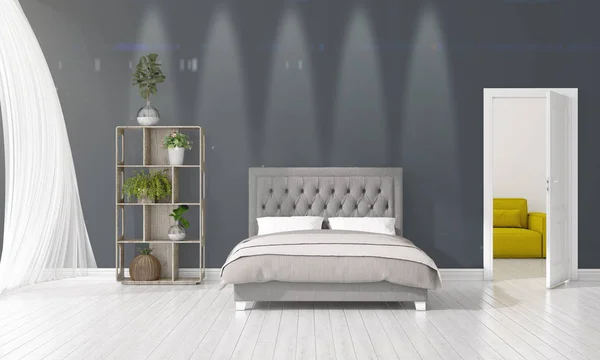 Modern iç mekan tasarımları üretim tesisi ile moda yatak odası ve yatay düzenleme boşaltmak. 3D render. — Stok fotoğraf