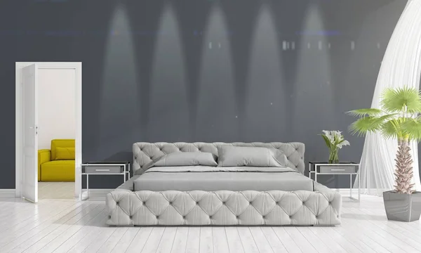 Design de interiores moderno de quarto em voga com planta e copyspace em arranjo horizontal. Renderização 3D . — Fotografia de Stock