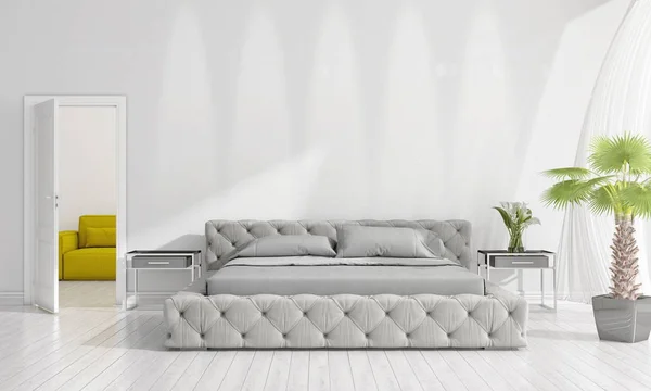 Modernes Interieur des Schlafzimmers im Trend mit Pflanzen und Kopierraum in horizontaler Anordnung. 3D-Darstellung. — Stockfoto