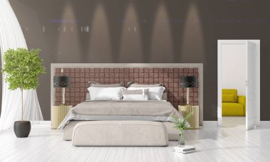 Modern iç mekan tasarımları üretim tesisi ile moda yatak odası ve yatay düzenleme boşaltmak. 3D render.