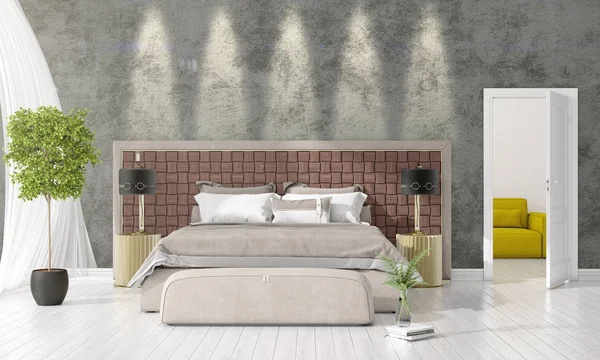 Modern interieur van slaapkamer in zwang met plant- en copyspace in horizontale regeling. 3D-rendering. — Stockfoto