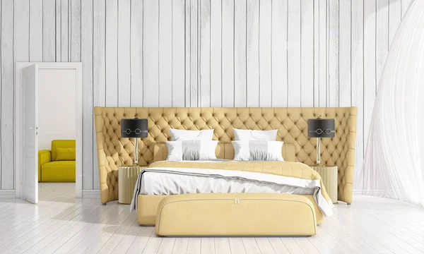 Design intérieur moderne de chambre à coucher en vogue avec plante et copyspace en arrangement horizontal. rendu 3D . — Photo