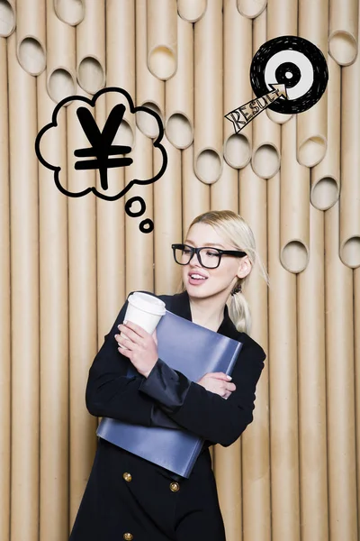 Thinking woman looking up on money sign in bubble and sketch target. Money concept on design background with lamps. — Stock Photo, Image