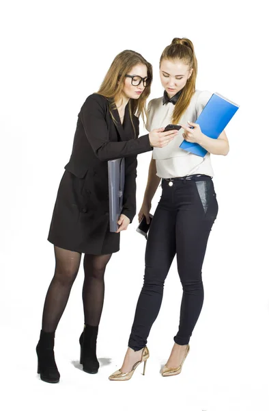 Beauty blonde businesswomen holding documents and interacting. Concept of teamwork. — Stock Photo, Image