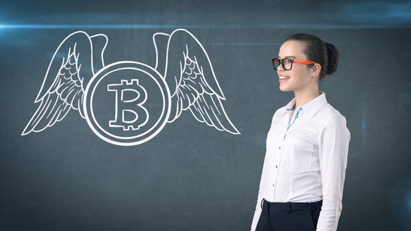 Lucky cute lady and bitcoin investment. Concept of mining and virtual criptocurrency. Successful money making.