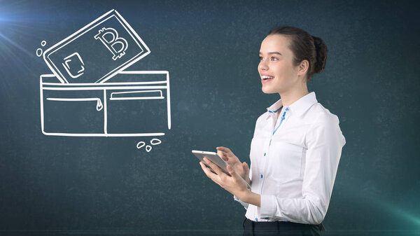 Lucky cute lady and bitcoin investment. Concept of mining and virtual criptocurrency. Successful money making.