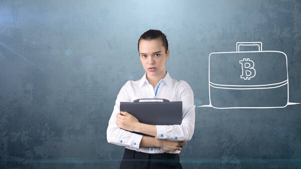 Lucky cute lady and bitcoin investment. Concept of mining and virtual criptocurrency. Successful money making.