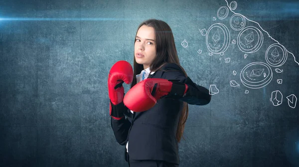 Beauty young business woman standing near sketches of Ethereum crypto currency coin. Business concept of Ethereum icon. — Stock Photo, Image