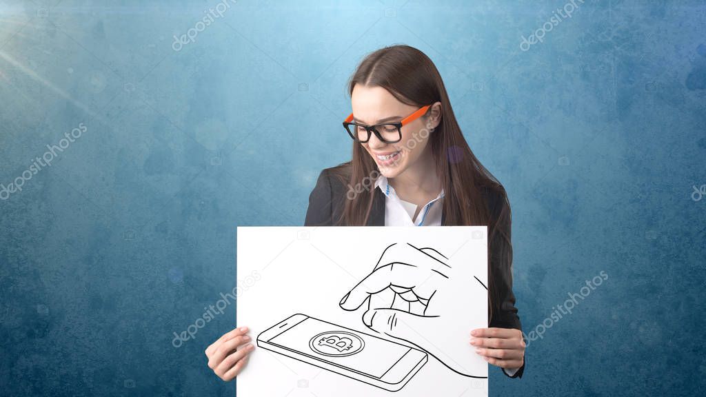 Beauty longhair business woman in suit standing near btc logo. Succesful Bitcoin investment. Concept of virtual criptocurrency.