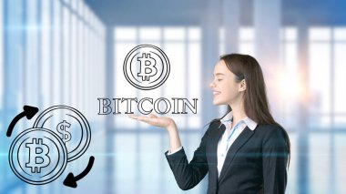 Sürpriz gülümseyen genç kadın bir takım elbise ve bir cryptocurrency arıyorum bir tasarım düz duvara kroki. Bitcoin risk kavramı.