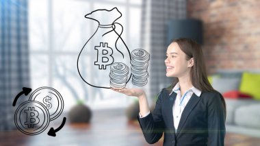 Sürpriz gülümseyen genç kadın bir takım elbise ve bir cryptocurrency arıyorum bir tasarım düz duvara kroki. Bitcoin risk kavramı.