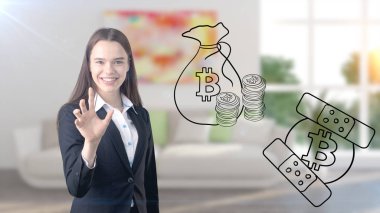 Sürpriz gülümseyen genç kadın bir takım elbise ve bir cryptocurrency arıyorum bir tasarım düz duvara kroki. Bitcoin risk kavramı.