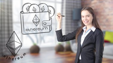 Ethereum el yazısı ve oldukça düşünceli yüz elbiseli genç iş kadını ile kroki. Criptocurrency kavramı.
