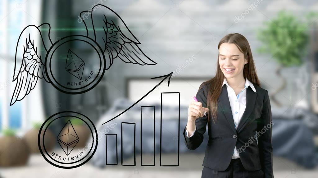 Ethereum sketch with young businesswoman in a suit with longhair and pretty thoughtful face. Criptocurrency.