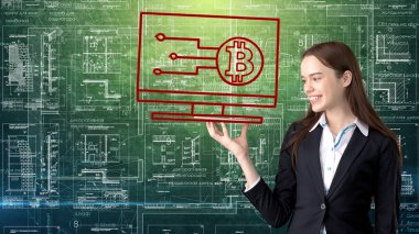 Ticaret veya para havalesi için bitcoin kullanımını göstermek için Bitcoin logolu elbiseli duran Bauty iş kadın.