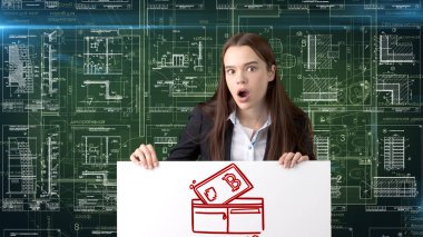 Ticaret veya para havalesi için bitcoin kullanımını göstermek için Bitcoin logolu elbiseli duran Bauty iş kadın.