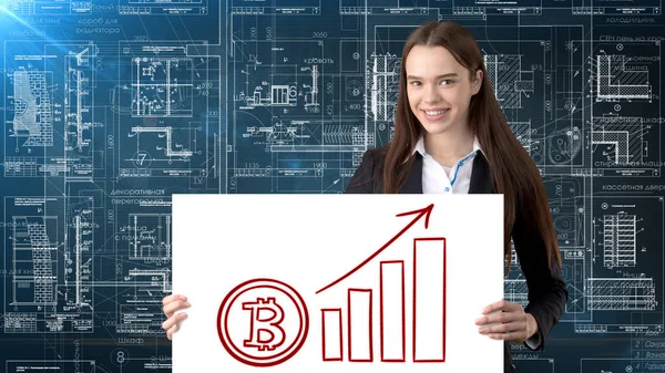 Donna d'affari palestinese in piedi in giacca e cravatta con logo Bitcoin per illustrare l'uso di bitcoin per il commercio o il trasferimento di denaro . — Foto Stock