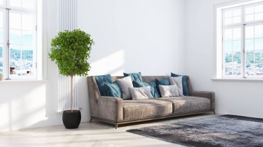 Modern parlak iç. 3D render