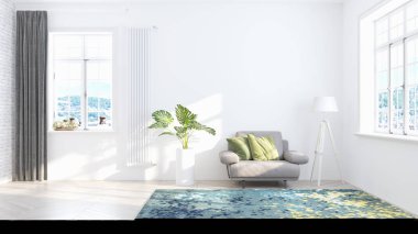 İç mekan İskandinav tarzında. 3d oluşturma