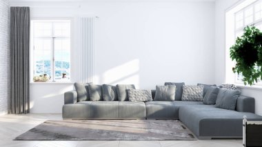 İç mekan İskandinav tarzında. 3d oluşturma