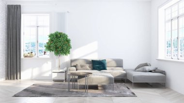 İç mekan İskandinav tarzında. 3d oluşturma