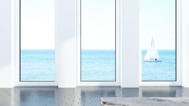 İçi boş minimalist oturma odası. 3d oluşturma