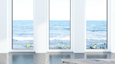 İçi boş minimalist oturma odası. 3d oluşturma