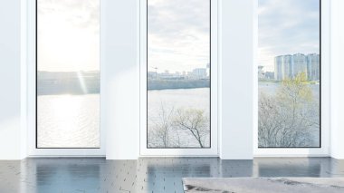 İçi boş minimalist oturma odası. 3d oluşturma