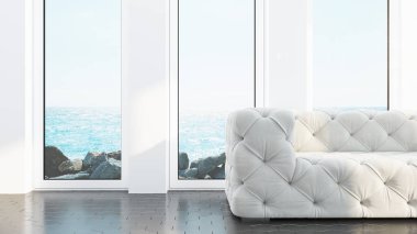 Modern tasarım oturma odası, deniz manzaralı. 3d oluşturma